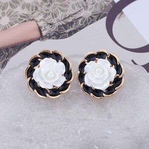 NEW Camellia Rose Flower Black White Gold Tone Earrings